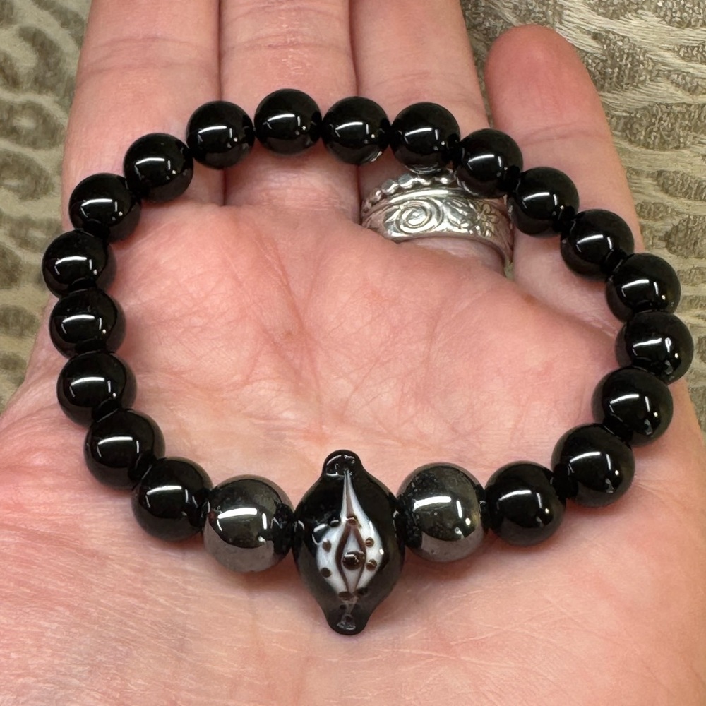 Black Obsidian, Hematite & Evil Eye Stretch Bracelet *Protective Energy* 🧿 - Picture 4 of 9